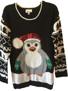 one Resolution Clothing Sweater men L Black Penguin Ugly Cute Christmas Holiday